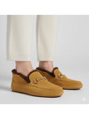 Gucci Mustard Yellow Suede Sheepskin Lined Slippers - 5, fits SMALL!